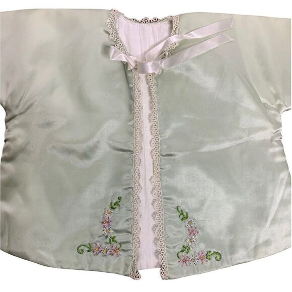 Vintage Handmade Toddler Jacket 3T Green Satin Lace Bow Tie Front Dolman Sleeve - Picture 2 of 3